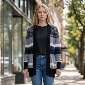 Roxy Striped Open-Front Cardigan - Black, Gray, Blue & White